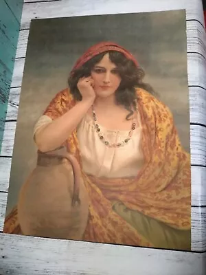 Antique Victorian Edwardian Print Beautiful Gypsy Girl With Necklace  17  X  23  • £120