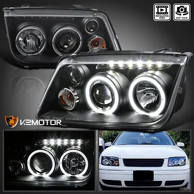 Black Fits 1999-2004 VW Jetta LED Halo Rims Projector Headlights W/ Fog Lamps • $154.38