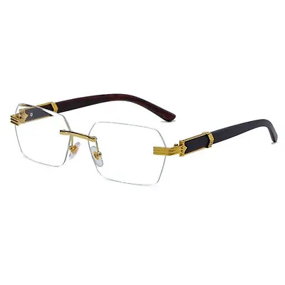 Vintage Men's Gold Frame Rimless Stylish Hip Hop Woodgrain Clear Lens Glasses • $14.99