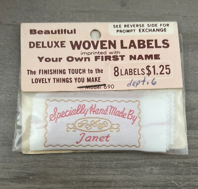 $12.50 • Buy 8 Vintage Deluxe Woven Labels Specially Hand Made By JANET Name Sew On Tags NEW