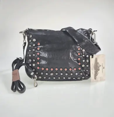 Campomaggi Ravenna Black Leather Studded Perforated Zip Shoulder Bag Crossbody • $649.14