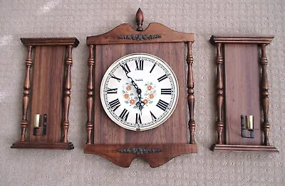 3 Piece Vintage VERICHRON Wall Clock Wood Colonial Style W Candleholders Flowers • $69.99