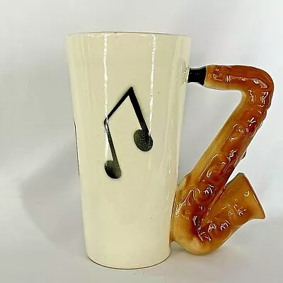 Vintage Tall Tapered Mug Saxophone Handle Musical Notes Un-Branded Some Crazing • $19.99