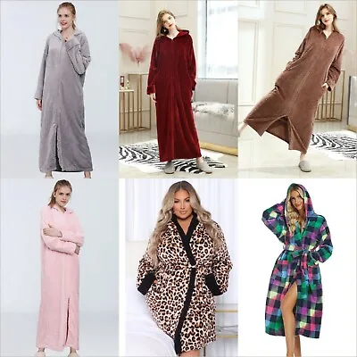 Dressing Gown Women Full Length Fleece Hoodie Robe Warm Long Plain Zip Up Gown • £40.99