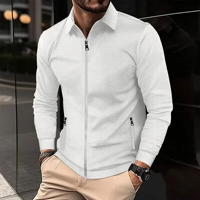 Men's Casual Jacket Solid Color No Hat Slim Lapel Long Sleeve Zip Jacket • $24.62