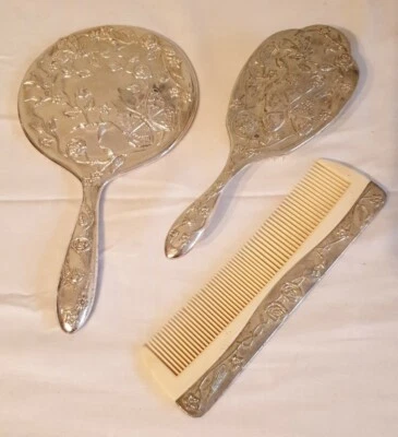 £9.99 • Buy Vintage 3 Piece Heavy Silver Plated Dressing Table Set Hand Mirror, Brush, Comb