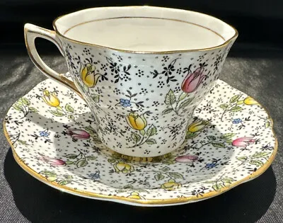 ROSINA Tea Cup And Saucer JUNE Tulip Chintz Pattern Teacup England 1930s EUC • $22.49