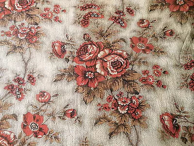 Antique 19thc French Picotage Roses Cotton Fabric ~  Rich Rust Coral Red Brown • $46