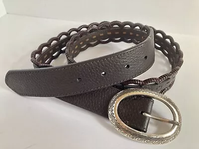 Brighton Brown Leather Belt Size 38 L XL Scalloped Lace Silver Buckle B30908 • $19.99