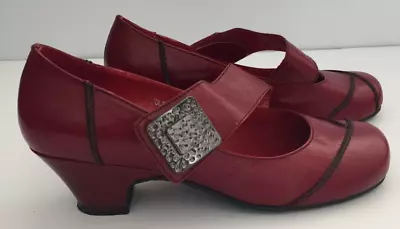 Django & Juliette Size 39 Womens Red Leather Jolt Low Block Heels Adjustable • $33.99