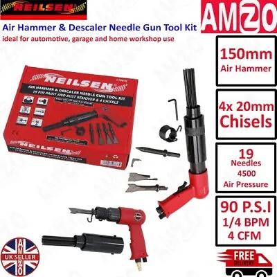 150mm Air Hammer Drill Gun With 4 X Chisels + Needle Descaler Paint Rust Remover • £30.49