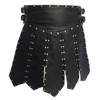 Mens Black Leather Gladiator Kilt Skirt With Stud Pleated • $115