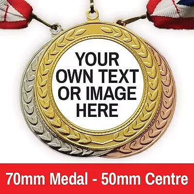 Large 70mm Personalised Medals Printed With 50mm Centre + Free Ribbon • £5.49