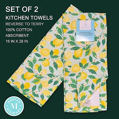 2-PK New Martha Stewart EVERYDAY Reverse Terry Kitchen Towels Blue Yellow Lemons • $17.99