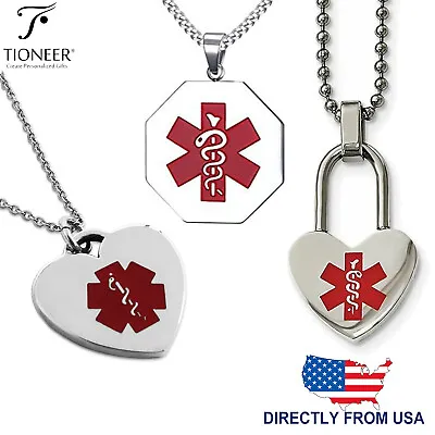 Stainless Steel Medic Alert ID Heart / Octagon Necklace Or Keychain FREE ENGRAVE • $16.74