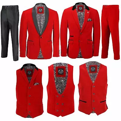 Mens Red Velvet Vintage 3 Piece Suit Tuxedo Blazer Coat Waistcoat Black Trouser • £44.99