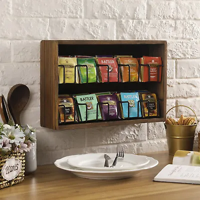 Burnt Wood Variety Tea Bag Display Box W/ 10 Black Metal Basket Compartments • $49.99