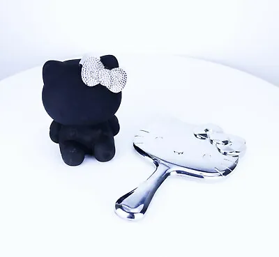 SET OF 2 Hello Kitty Black & Crystal Bow BRUSH HOLDER And HAND MIRROR Sanrio  • $135