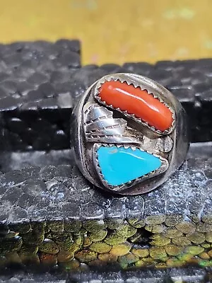 Vintage Native American South Western Silver Turquoise Coral Mens Women's  Ring  • $75