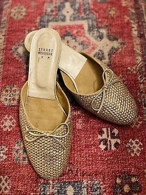 Stuart Weitzman Gold Sequined Mules Embellished Loafers  Size 9 Bow Sequins • $68.95