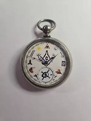 1900s ELGIN FREE MASON MOSAIC ORE SILVER POCKET WATCH ROTATING SKULL SECOND HAND • $16.50