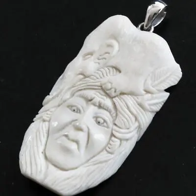 925 Silver Hand Carving Mammoth Indian Bison Bone Sterling Pendant 2 3/8  • $18.95