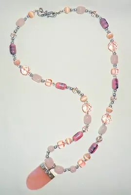 Vintage Rose Quartz Pendant Necklace Made With Swarovski Crystals 25  • $19.99