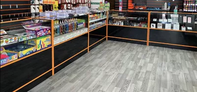 SHOP DISPLAY COUNTERS BLACK & ORANGE GLASS SHELVES RETAIL  2x 1000mm Units Only • £665