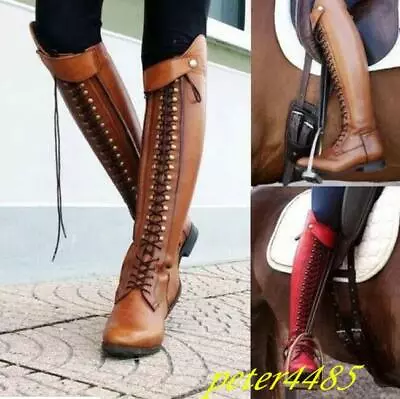 Womens Lace Up  Riding Knee High Boots Solid Buckle Combat Knight Shoes Booties • $51.49