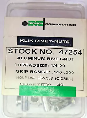 Marson Aluminum Poly-Nut Rivet-Nuts 1/4 Qty 40 47254 • $16.99