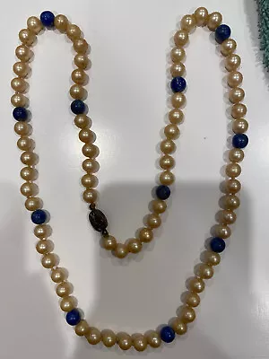 Vintage Highend*rare*gorgeous 27  Genuine Golden Pearl & Lapis Necklace!! • $35.88