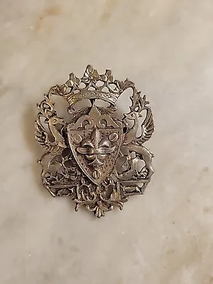 Vintage Cast Metal Coat Of Arms Winged Deer Crown Fleur-de-lis Brooch • $18