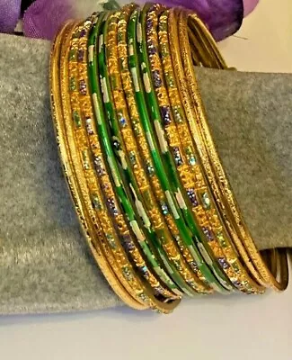 Set Of 14 Indian Green & Goldtone Sari Fashion Bangle Bracelets Sze 7.5 Stunning • $9.34