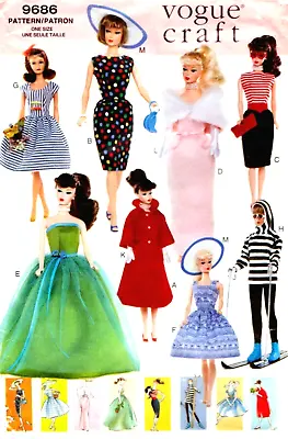 Vintage Barbie Clothes Pattern Reproduction 8 Retro-style Outfits Vogue 9686 • $8.95