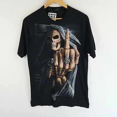 VINTAGE 90'S Black Graphic Skull Fantasy Biker T-shirt SZ M (G5221) • £15.95