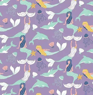 Mermaids & Dolphins - Lilac Polycotton Printed Novelty Craft Bunting Fabric • £0.99