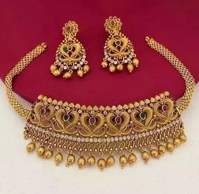 $29.94 • Buy Gold Plated Indian Bollywood Temple Style Choker Necklace Earrings Jewelry Set