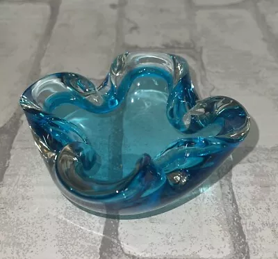 Vintage Turquoise Blue Murano Art Glass Pinched Ashtray Bowl 4” • $44.99