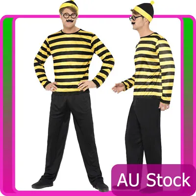 Mens Wheres Wally Odlaw Costume Yellow Waldo Where's Wally Fancy Dress Book Week • $46.99
