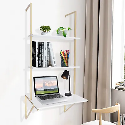 78*50cm Ladder Desk Wall Mounted 3 Tier Floating Shelf Laptop Desk White Gold US • $71.25