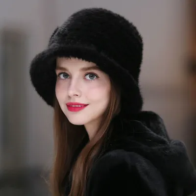 2024 Women's Real Mink Fur Hat Knitted Bucket Hat Winter Ski Cap Beanies Top Hat • $29.90