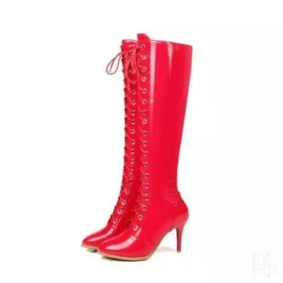 Ladies Patent Leather High Heels Full Zip Lace Up Knee High Thigh Boots • $115.52
