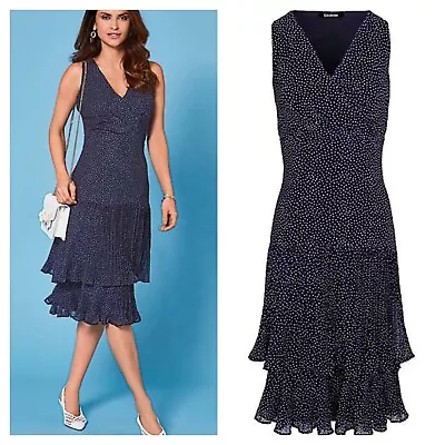 Kaleidoscope Sz 14 Navy Blue White Polka Dot Spot Layered Frill Skirt DRESS £69 • £15.39