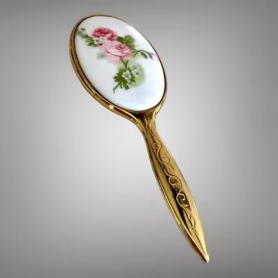 Vintage Small Mirror Gold Tone Flowers On Porcelain 5” Long • $18