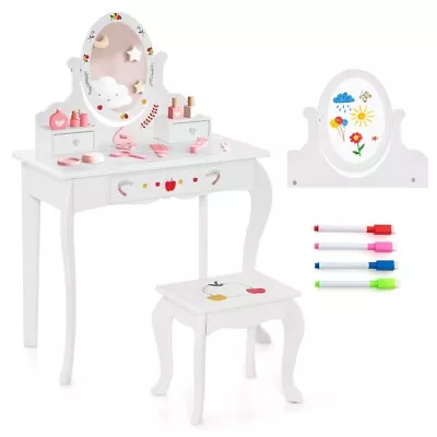 Kids Wooden Vanity Double-Sided Mirror & Stool Set 3 Storage Drawer & Whiteboard • $97.98