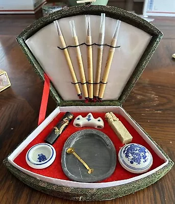 Chinese Calligraphy Brush / Set Complete Green Silk Box Vintage • $11.99