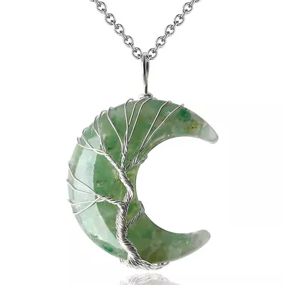 $4.32 • Buy Natural Chakra Healing Crystal Necklace Tree Of Life Crescent Moon Stone Pendant
