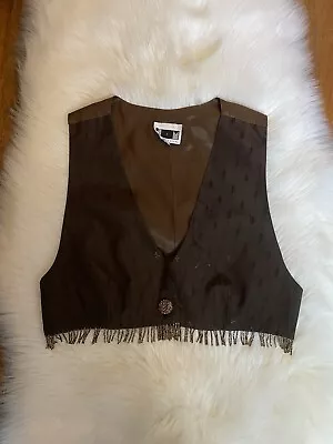 Vintage Cropped Vest Top Brown Acetate Seed Bead Fringe Trim Sz M Shelli Segal • $38