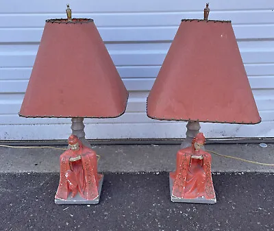 Pair Of Vintage Mid Century Modern Chalkware Lamps Oriental Motif Pink Shades • $275