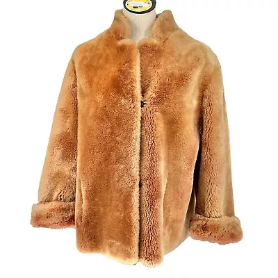 Genuine Laskin Mouton Dyed Lamb Coat Womens L Vintage Camel Color Long Sleeves • $199